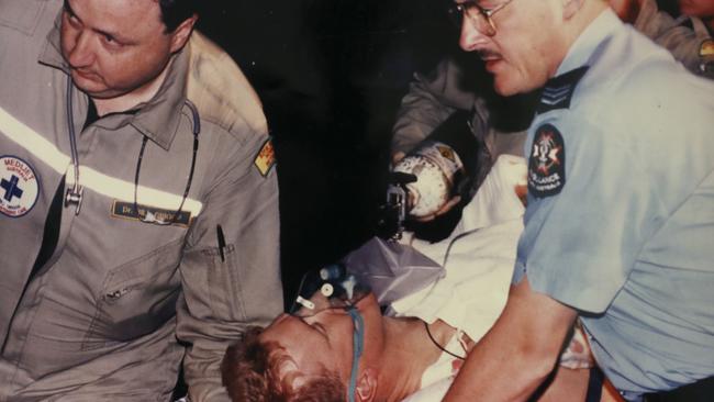 Renowned Emergency Doctor, Bill Griggs witt STAR Force officer Derrick McManus who was shot while on duty. Picture: Sarah Reed