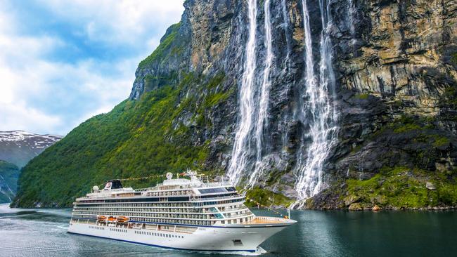 Viking Sky in front of the Seven Sisters Waterfall in Geiranger Fjord, Norway. Picture: Alastair Miller