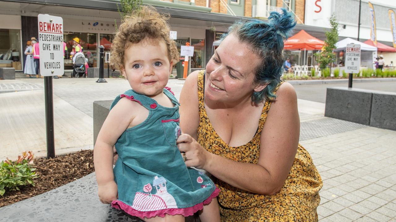 (from left) Tabitha Kupper with her mother Annabelle Kupper. Russell Street Refresh block party. Saturday, November 20, 2021. Picture: Nev Madsen.