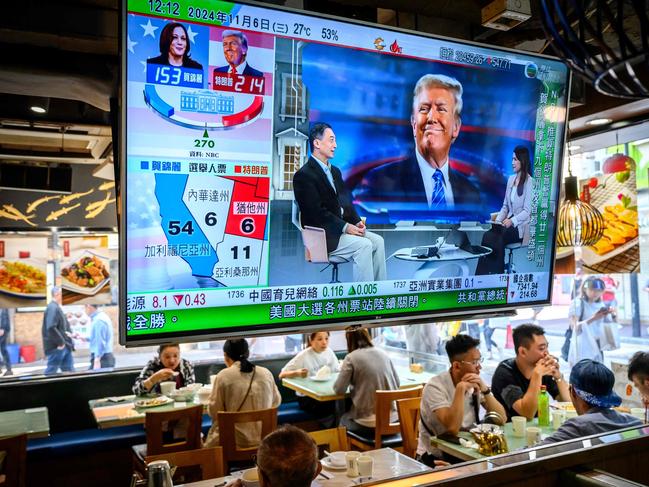 A TV screen showing preliminary results about the US elections hangs  in a restaurant in Hong Kong on November 6, 2024. White House rivals Kamala Harris and Donald Trump racked up early wins, as the first key polls closed in one of the tightest and most volatile presidential elections in US history. (Photo by Mladen ANTONOV / AFP)