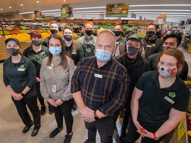 Shane Darroch (centre) and his team Ballarat Woolworths team have been very big in community campaigns, including season programs around Christmas, Easter and Halloween. Picture: Jay Town