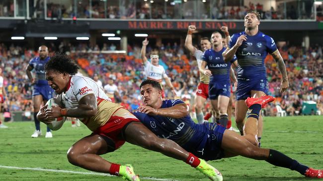 Tesi Niu of the Dolphins scores a try during the round seven NRL match between Parramatta Eels and Dolphins at TIO Stadium on April 19, 2024. Picture: Mark Metcalfe/Getty Images