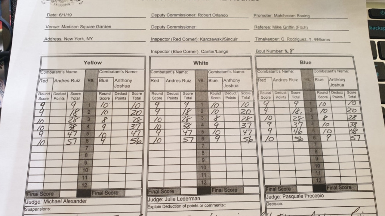 Judges scorecards from the Anthony Joshua vs Andy Ruiz bout.