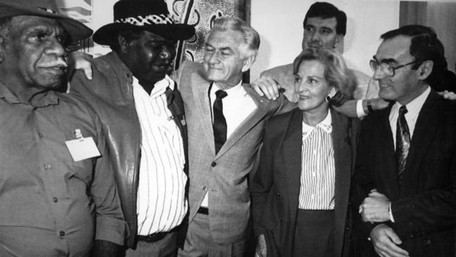 Wenten Rubuntja, Galarrwuy Yunupingu, Bob Hawke and his then wife Hazel, and federal ministers Robert Tickner and Gerry Hand at the unveiling of the Barunga statement in Parliament House 1991. Picture: Michael Jones