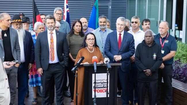 Linda Burney, Mark Dreyfus, Pat Dodson and Indigenous leaders addressing the media about the voice in Adelaide.