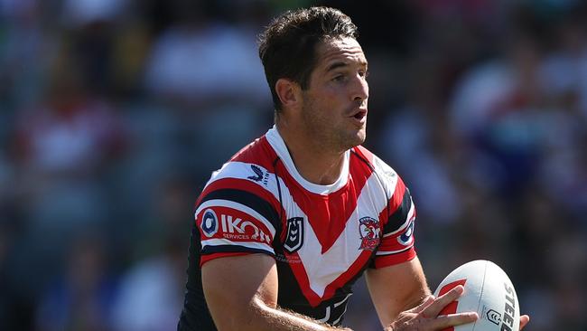 GOSFORD, AUSTRALIA - FEBRUARY 23: Nat Butcher of the Roosters runs with the ball during the 2025 NRL Pre-Season Challenge match between Sydney Roosters and Newcastle Knights at Industree Group Stadium on February 23, 2025 in Gosford, Australia. (Photo by Mark Metcalfe/Getty Images)