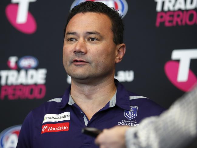 MELBOURNE, AUSTRALIA – OCTOBER 07: Peter Bell, Football Manager of the Dockers speaks with media during the Telstra AFL Trade Period at Marvel Stadium on October 07, 2019 in Melbourne, Australia. (Photo by Dylan Burns/AFL Photos via Getty Images)