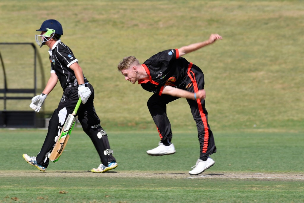 Sam Doggett bowls for Liebke Lions against George Banks Umbrellas in Darling Downs Bush Bash League (DDBBL) round five T20 cricket at Highfields Sport Park, Sunday, October 20, 2019. Picture: Kevin Farmer