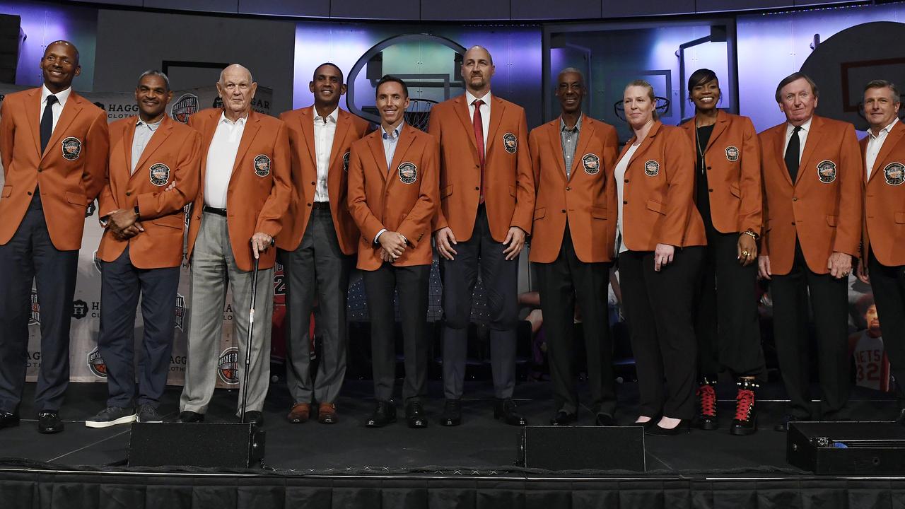 The class of 2018 inductees into the Basketball Hall of Fame, from left, Ray Allen, Maurice Cheeks, Charles "Lefty" Driesell, Grant Hill, Steve Nash, Dino Radja, Charlie Scott, Katie Smith, Tina Thompson, Rod Thorn, and Rick Welts.