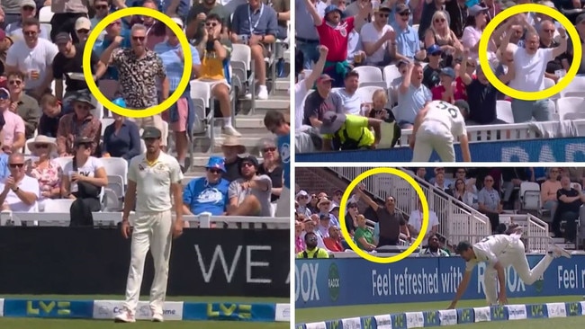 Mitchell Starc was targeted by the England crowd after pushing the ball over the rope while attempting to catch Ben Stokes. Pictures: Sky Sports