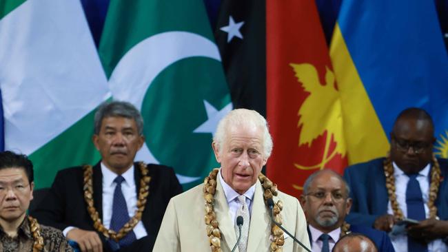 King Charles III speaks during the opening of the Commonwealth Heads of Government Meeting (CHOGM) on October 25, 2024 in Apia. (Photo by Ian Vogler-Pool/Getty Images)