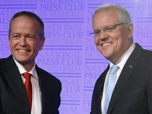 CANBERRA, AUSTRALIA - MAY 8: In this handout image provided by News Corp Australia, Prime Minister Scott Morrison and Labor leader Bill Shorten shake hands at the start of "The Leaders' Debate'' at the National Press Club on May 8, 2019 in Canberra, Australia. (Photo by Liam Kidston/News Corp Australia via Getty Images)