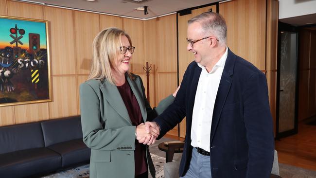 Prime Minister Anthony Albanese with new Victorian Premier Jacinta Allan at 1 Treasury Place, Melbourne. Picture Rebecca Michael