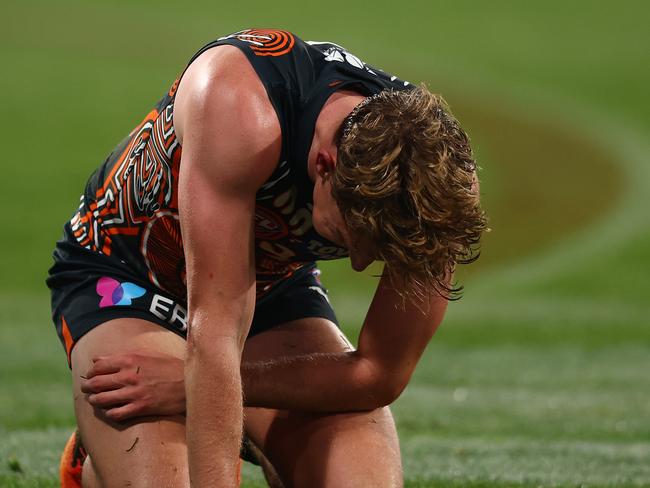 GEELONG, AUSTRALIA – MAY 25: Lachie Whitfield of the Giants reacts during the round 11 AFL match between Geelong Cats and Greater Western Sydney Giants at GMHBA Stadium on May 25, 2024 in Geelong, Australia. (Photo by Graham Denholm/Getty Images)