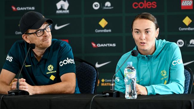 ADELAIDE, AUSTRALIA - MAY 30:Tony Gustavsson, Head Coach of Australia, and  Caitlin Foord of Australia speak to media during a Australia Matildas press conference  at Coopers Stadium on May 30, 2024 in Adelaide, Australia. (Photo by Mark Brake/Getty Images)