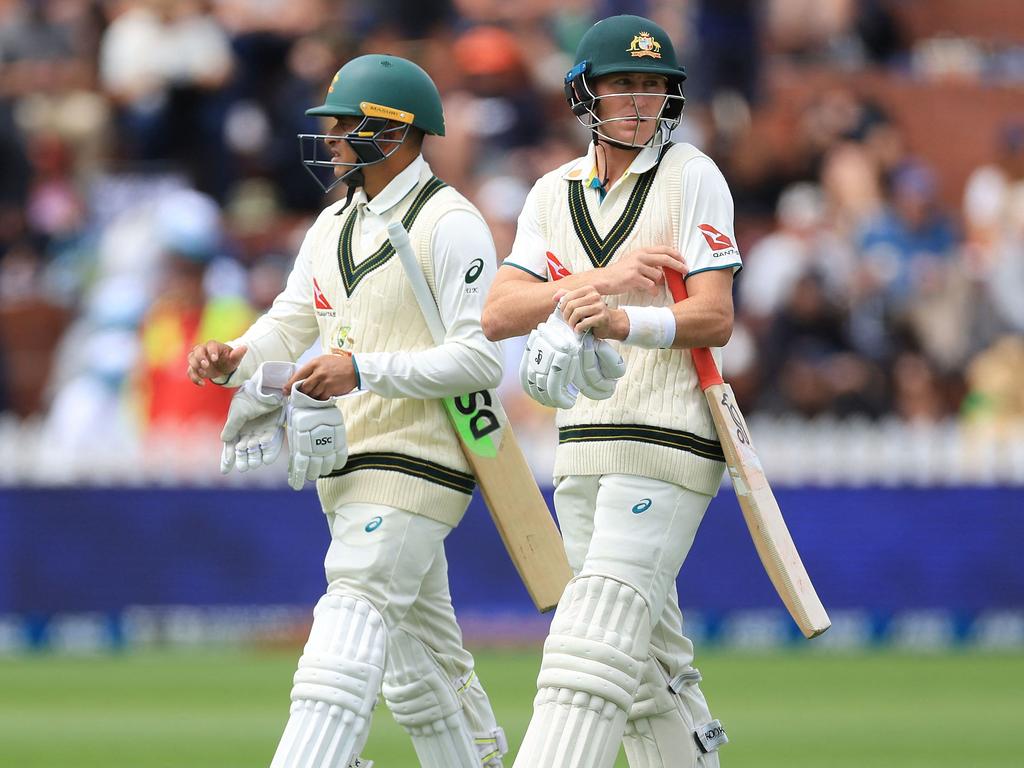 Australia's Usman Khawaja (L) and teammate Marnus Labuschagne will resume after lunch. Picture: Getty