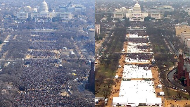 On the left is Mr Obama’s first inauguration. On the right is Mr Trump’s. Pics: Getty/AFP, Inaugural Committee