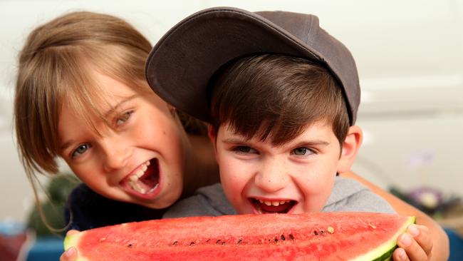 Phoebe and Hayden Maxwell enjoy some of the fresh produce. Picture: Justin Sanson