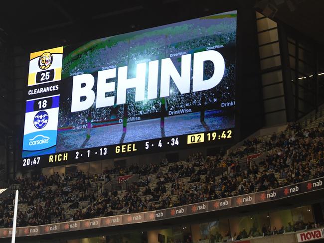 A score review is displayed on s stadium screen during the Round 12 AFL match between the Richmond Tigers and the Geelong Cats at MCG in Melbourne, Friday, June 7, 2019. (AAP Image/Julian Smith) NO ARCHIVING, EDITORIAL USE ONLY