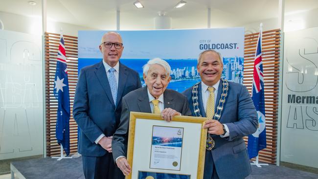 Meriton founder Harry Triguboff with Opposition Leader Peter Dutton and Gold Coast Mayor Tom Tate after receiving the keys to the city. Picture: Supplied