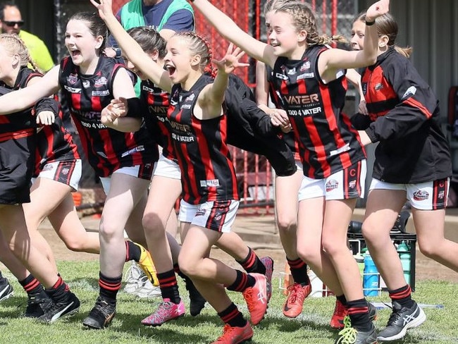 Plympton girls celebrate after a big finals win. Picture: SANFL