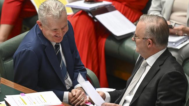 CANBERRA, AUSTRALIA, NewsWire Photos. FEBRUARY 8, 2024: Leader of the House Tony Burke and Prime Minister Anthony Albanese during Question Time at Parliament House in Canberra. Picture: NCA NewsWire / Martin Ollman