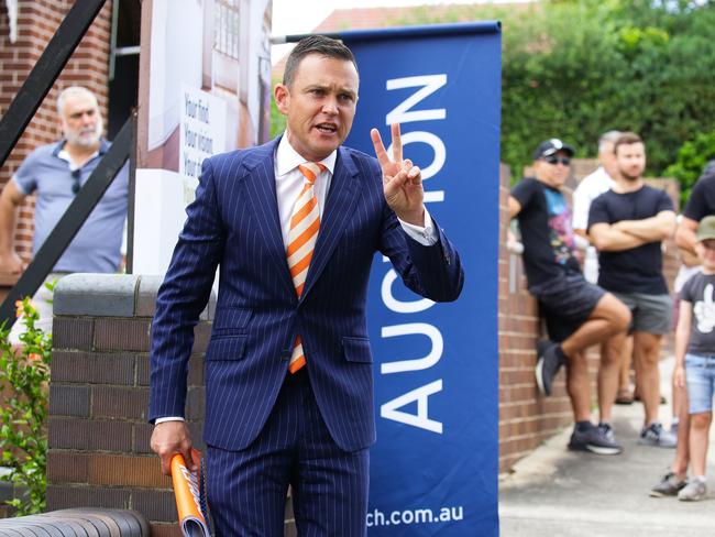 SYDNEY, AUSTRALIA - FEBRUARY 20, 2021, Auctioneer Damien Cooley in action at Service Street Home Auction in Ashfield Today in Sydney, Australia. Picture: Newscorp Sunday Telegraph / Gaye Gerard