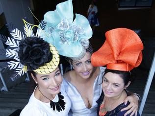 2015 Melbourne Cup Day colour at Flemington Racecourse .Colour at cup L to R. Candace Aitken , Rachael See and Kylie McCracken from Bundaberg QLD. Picture.andrew Tauber. CupColour15