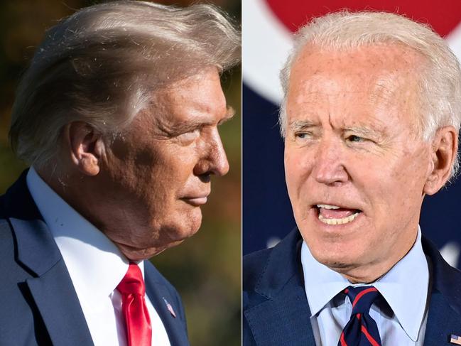 (COMBO) This combination of file photos created on October 15, 2020 shows US President Donald Trump(L) in Washington, DC, on October 14, 2020, and  Democratic presidential candidate Joe Biden in Cincinnati, Ohio, on October 12, 2020. - Trump shared a satirical article on October 16, 2020, about Twitter shutting down to slow the spread of negative news on his election rival Biden, apparently unaware that it was a joke. Trump tweeted a link to the tall tale headlined: "Twitter Shuts Down Entire Network To Slow Spread Of Negative Biden News."  "Wow, this has never been done in history," Trump tweeted -- correctly, as it turns out, because Twitter had done no such thing. The story Trump shared was from the Babylon Bee, a satirical news site with the motto "Fake news you can trust" clearly visible on its Twitter page. (Photos by SAUL LOEB and JIM WATSON / AFP)