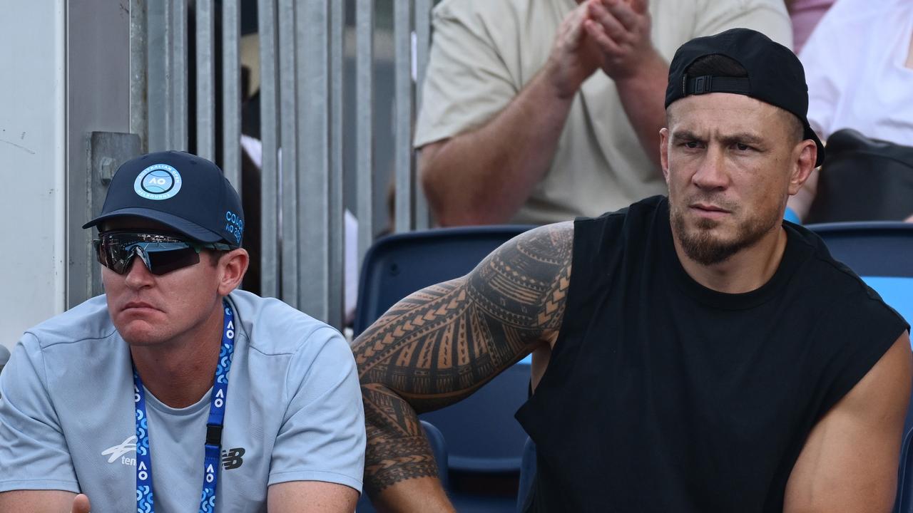 Sonny Bill Williams (right) was a vocal presence in James McCabe’s corner during his first-round victory on court 3. Picture: Hannah Peters / Getty Images