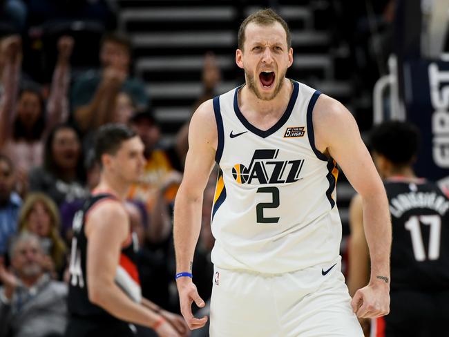 SALT LAKE CITY, UT - OCTOBER 16: Joe Ingles #2 of the Utah Jazz celebrates a play during a preseason game Portland Trail Blazers at Vivint Smart Home Arena on October 16, 2019 in Salt Lake City, Utah. NOTE TO USER: User expressly acknowledges and agrees that, by downloading and or using this photograph, User is consenting to the terms and conditions of the Getty Images License Agreement.  (Photo by Alex Goodlett/Getty Images)