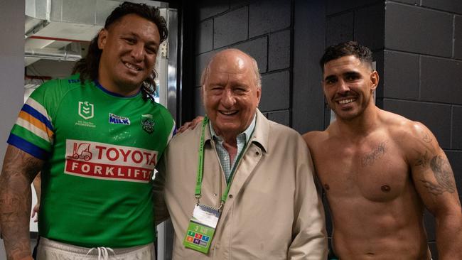 Alan Jones celebrates Friday's win over Canterbury with Raiders stars Josh Papalii and Jamal Fogarty.