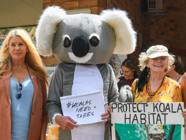 Greens candidate Mandy Noal and Member of the Legislative Council David Shoebridge with protesters Malveena Martyn and Naomi Shine at Spinks Park in Lismore demanding cessation of logging in Cherry Tree Forest.