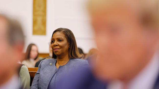 New York Attorney-General Letitia James sits in the courtroom behind Donald Trump. Picture: Getty Images via AFP