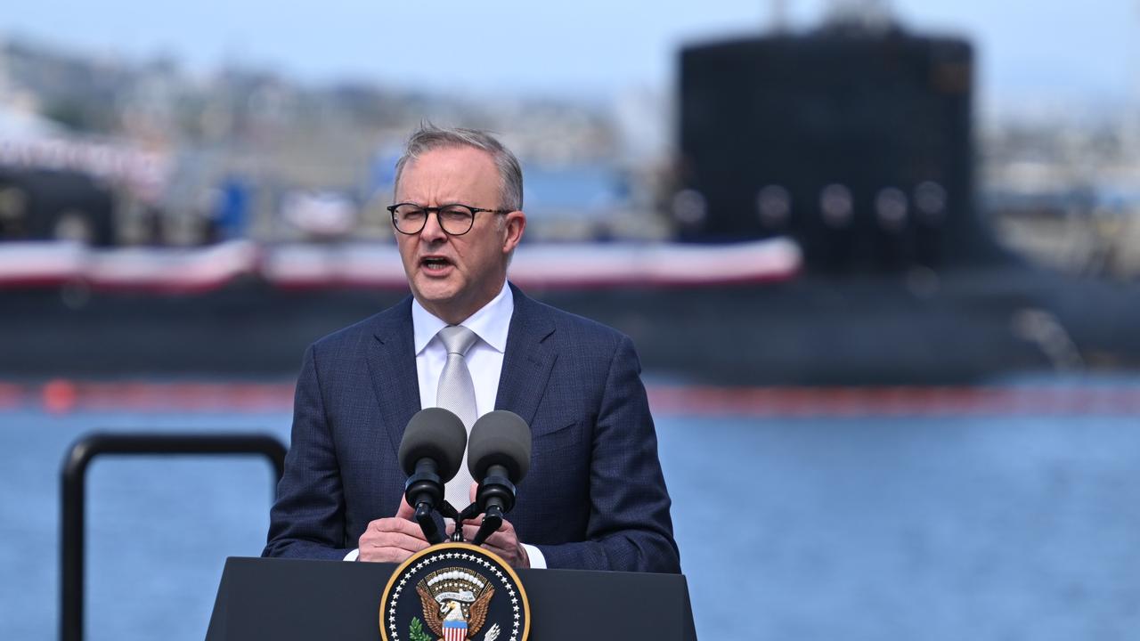 Prime Minister Anthony Albanese attends a press conference after a trilateral meeting with US President Joe Biden and British Prime Minister Rishi Sunak during the AUKUS summit in San Diego. Picture: Leon Neal/Getty Images