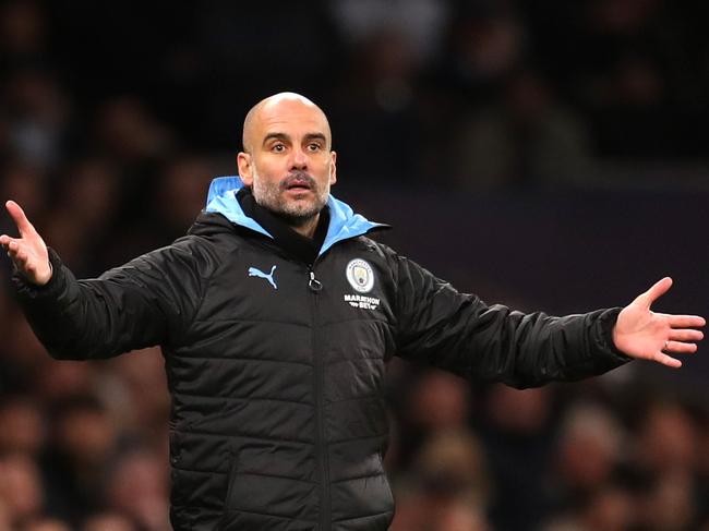 LONDON, ENGLAND - FEBRUARY 02: Pep Guardiola, Manager of Manchester City reatcs during the Premier League match between Tottenham Hotspur and Manchester City at Tottenham Hotspur Stadium on February 02, 2020 in London, United Kingdom. (Photo by Catherine Ivill/Getty Images)