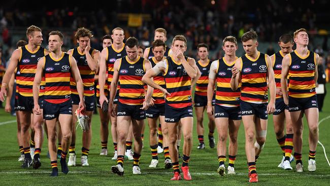 Disappointed Crows players after their big Round 22 loss to Collingwood. Picture: Mark Brake/Getty Images