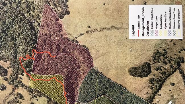 The Denham Reserve area home of Lip Falls, managed by the Scenic Rim Regional Council. The orange line depicts the Lip Fall track’s path off the public reserve and onto private property.