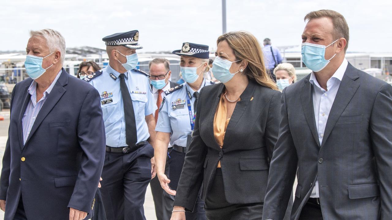 John Wagner with Annastacia Palaszczuk and Steven Miles visiting the Wellcamp quarantine hub in February 2022. Picture: Nev Madsen.