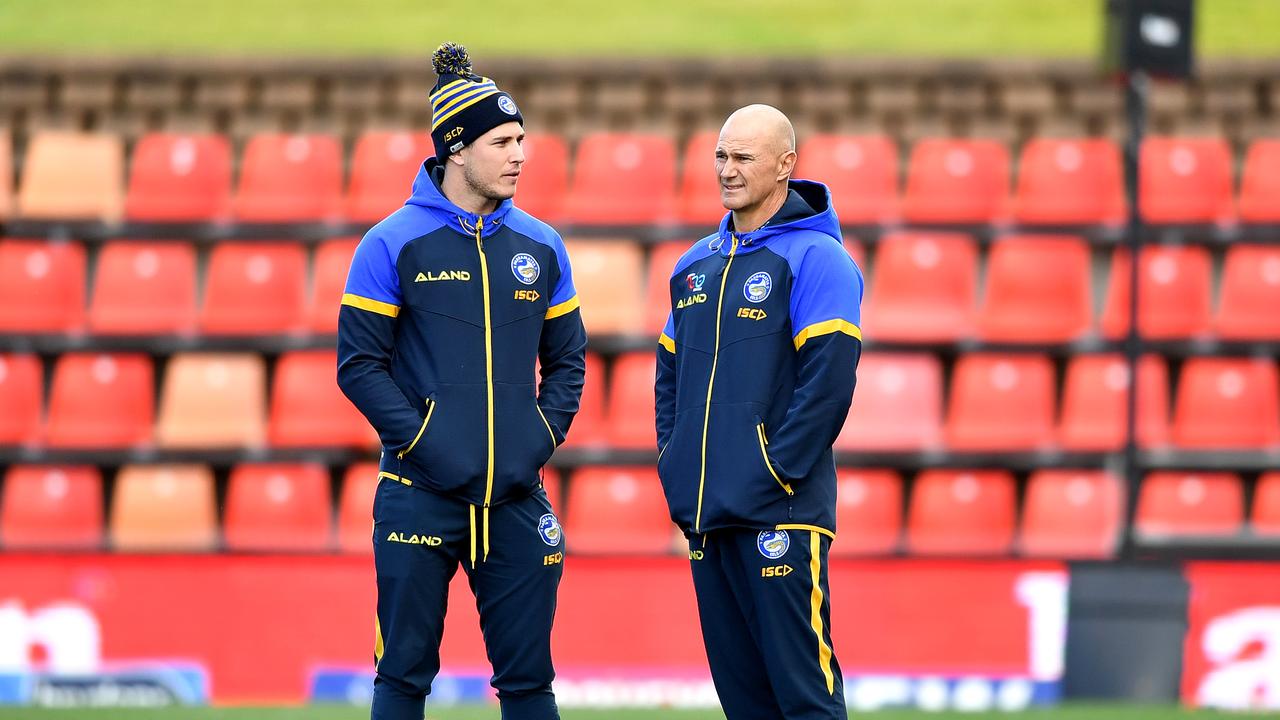 Mitchell Moses and coach Brad Arthur chat ahead of the Newcastle Knight game in Round 9 2020. Picture: NRL Imagery