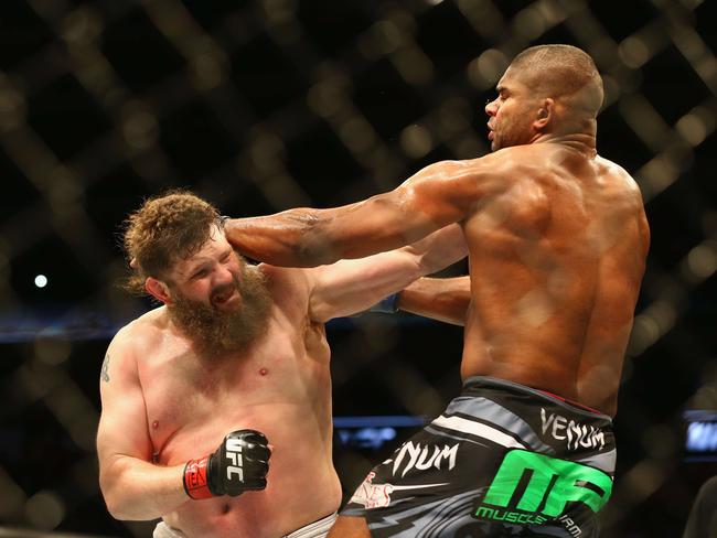 Overeem (R) dominated the fight against Roy Nelson at UFC 185.