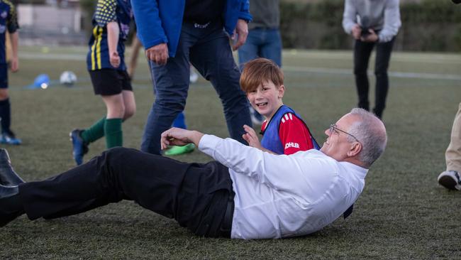 Prime Minister Scott Morrison attends training night at the Devonport Strikers Soccer Club following the recent announcement by Gavin Pearce to upgrade ground facilities if re elected. This event is located in the electorate of BRADDON. Picture: Jason Edwards