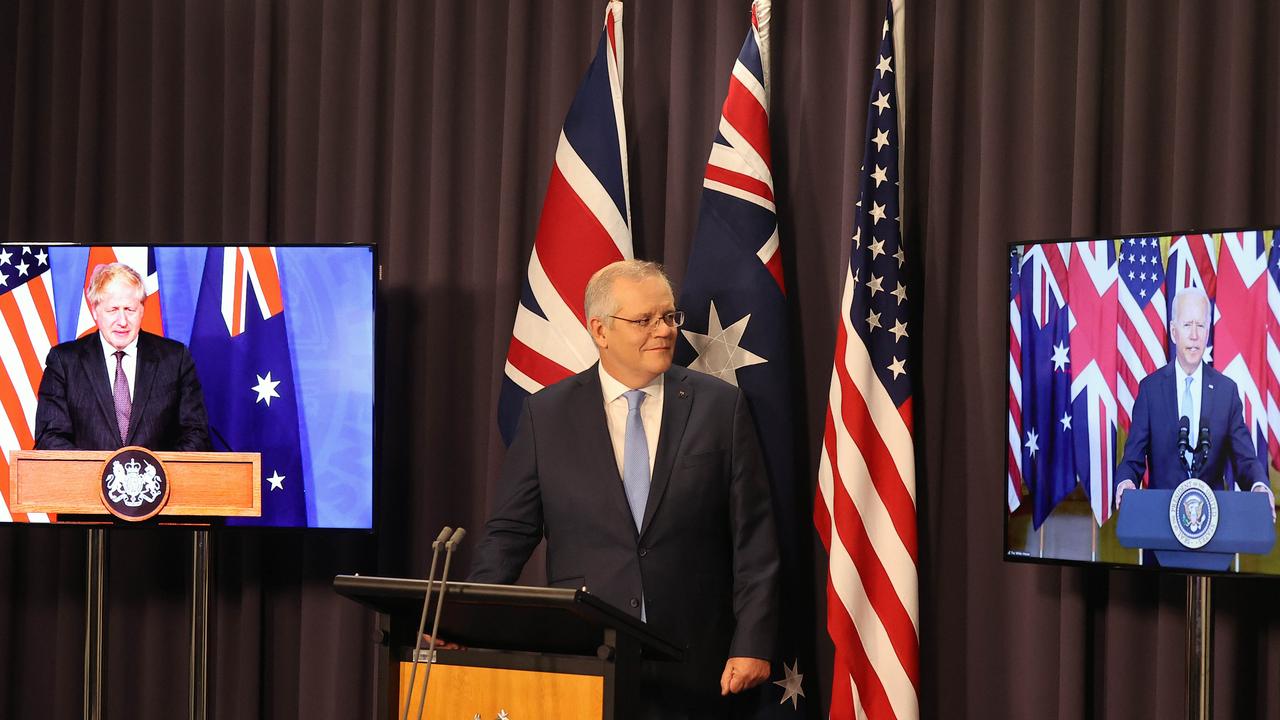 Prime Minister Scott Morrison with the President of the United States Joe Biden and the Prime Minister of the United Kingdom Boris Johnson when they announced AUKUS. Picture: Newswire/Gary Ramage