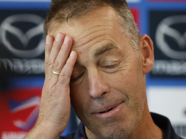 MELBOURNE, AUSTRALIA - MARCH 28: Alastair Clarkson, Senior Coach of the Kangaroos speaks to the media before a North Melbourne Kangaroos AFL training session at Arden Street Ground on March 28, 2024 in Melbourne, Australia. (Photo by Darrian Traynor/Getty Images)