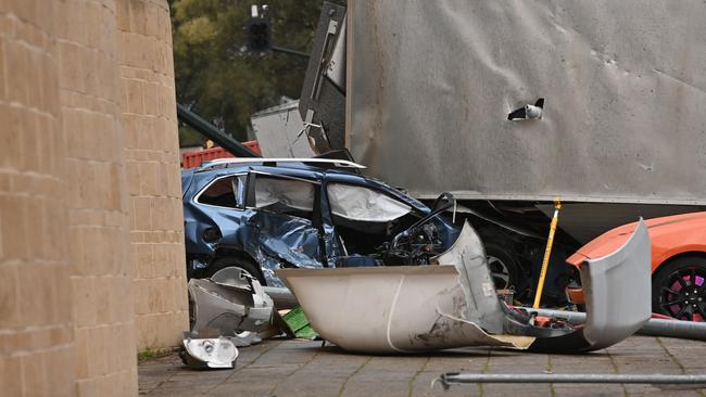 One of the cars at the accident at the bottom of the South East Freeway. Picture: Keryn Stevens