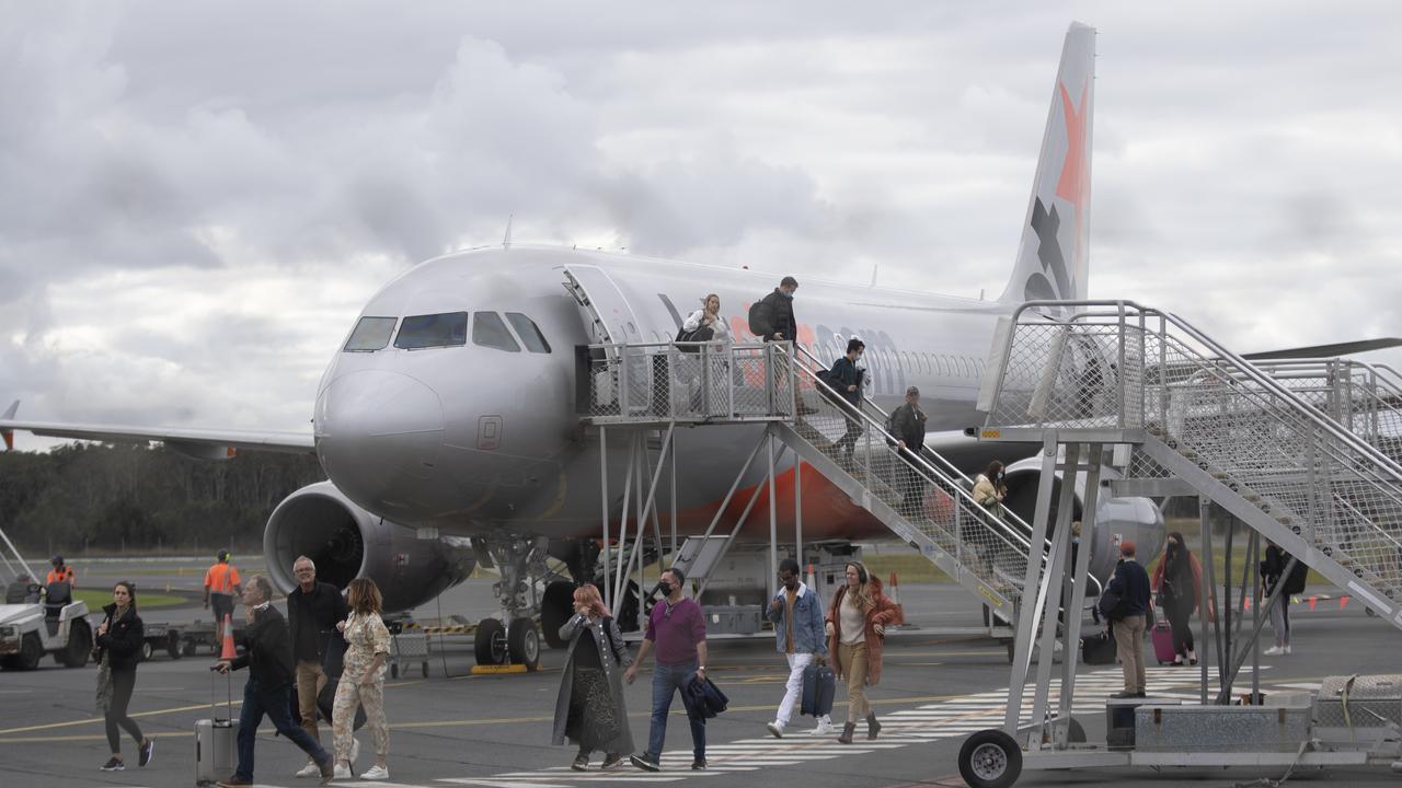 People disembark a domestic Jetstar flight at the Ballina-Byron Gateway Airport in Byron Bay. Picture: Brook Mitchell