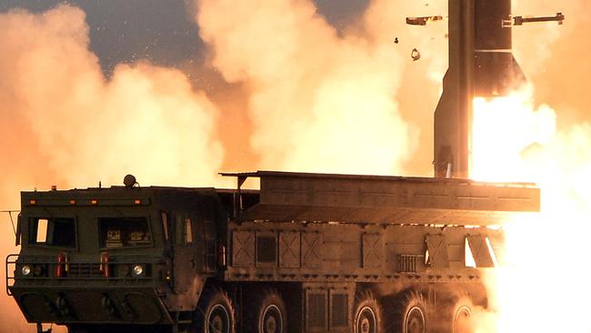 What is believed to be North Korea’s new KN23 ballistic missile is test-fired on Thursday. Picture: Korean Central News Agency Via Reuters