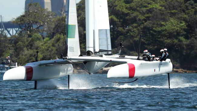 Nathan Outteridge and his crew on Team Japan during a training session on Sydney Harbour.