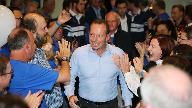 Tony Abbott surrounded by supporters as he concedes defeat. Picture: Tim Hunter.