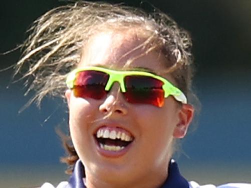 CANBERRA, AUSTRALIA - FEBRUARY 19: Ella Hayward of Victoria celebrates taking a wicket during the WNCL match between ACT and Victoria at APC Solar Park, on February 19, 2023, in Canberra, Australia. (Photo by Mark Nolan/Getty Images)